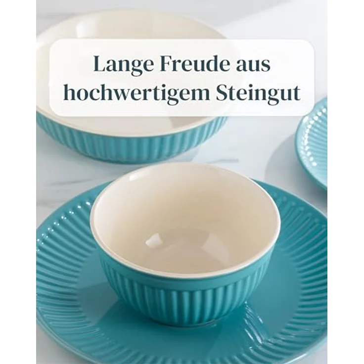 Steingut Geschirrset 12 Personen Hygge 48 tlg. TESTSIEGER, Traumhaftes Skandinavisches Steingut Geschirr Set, Schüssel- und Teller Set, Tafelservice 12 Personen, Geschirrsets Pure Living in Petrol – Bild 7