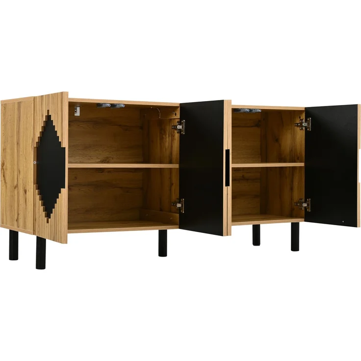Merax 140cm Sideboard, Schrank mit 2 Türen, Schließfächer, Rautenmuster, aus robustem Spanplatte mit MDF, bis 50 kg belastbar, Holzfarbe+Schwarz – Bild 9