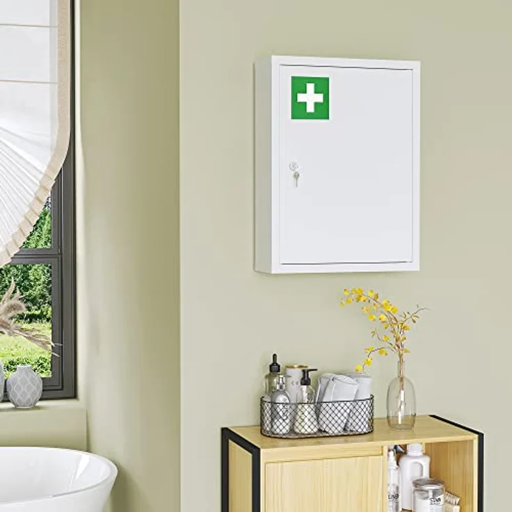 Kleankin Medizinschrank Apothekerschrank mit 3 Fächern (Erste Hilfe Schrank, 1-St, Medikamentenschrank) Stahl, Weiß, 40 x 15 x 53,5 cm – Bild 8