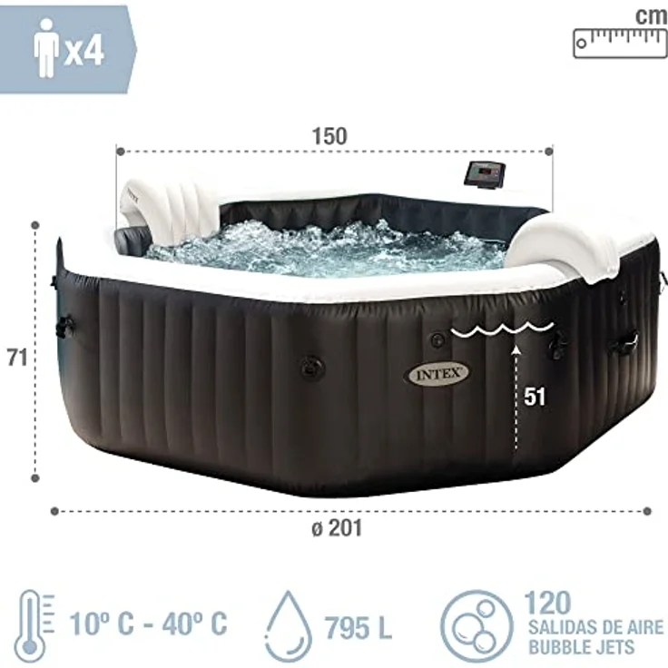 Intex Purespa Deluxe, Whirlpool mit 120 Luftblasendüsen, 795L Kapazität, octagonal, schwarz – Bild 3