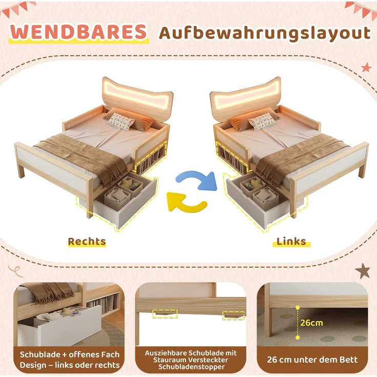 CHICFURN Bett aus Holz Weiß/Eiche 90x190 cm mit RGB-LED-Beleuchtung und Stauraum – Bild 5