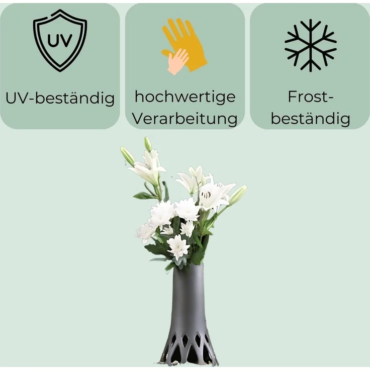2er Set Grabvase mit Sockel Gewicht Friedhofvase Grabschmuck Blumenvase Friedhof Grab Vase anthrazit 1,3 L Frostsicher – Bild 4
