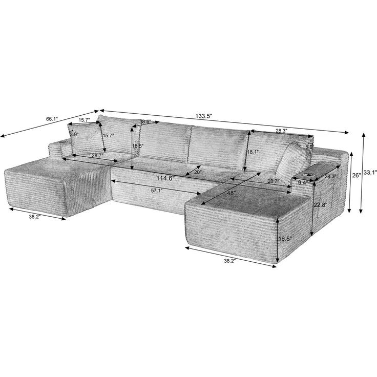 Vollständig komprimierbares, U-förmiges Modulsofa, Kombinationssofa aus breitem Cord mit Federkern-Sitzkissen, Getränkehaltern und seitlichen Stautaschen, keine Montage erforderlich, maximale Belastbarkeit 544 kg (1200 lbs) für das Wohnzimmer--Cremefar... – Bild 3