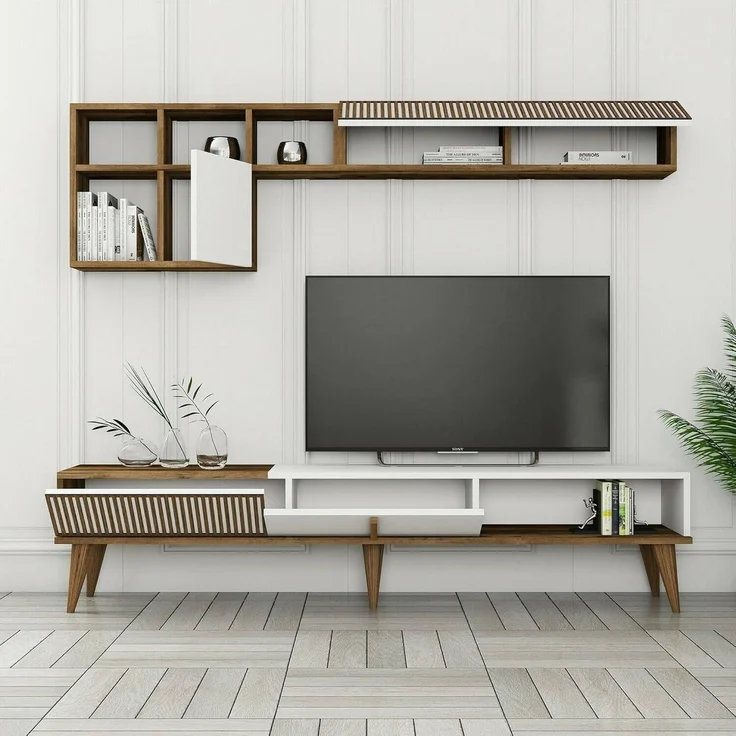 Dmora - Wohnzimmermöbel Gemini, Modulares Wohnzimmerset, Mehrzweck-Wohnzimmermöbel, Moderner TV-Schrank, 180x35h40 cm, Walnuss und Weiß – Bild 6