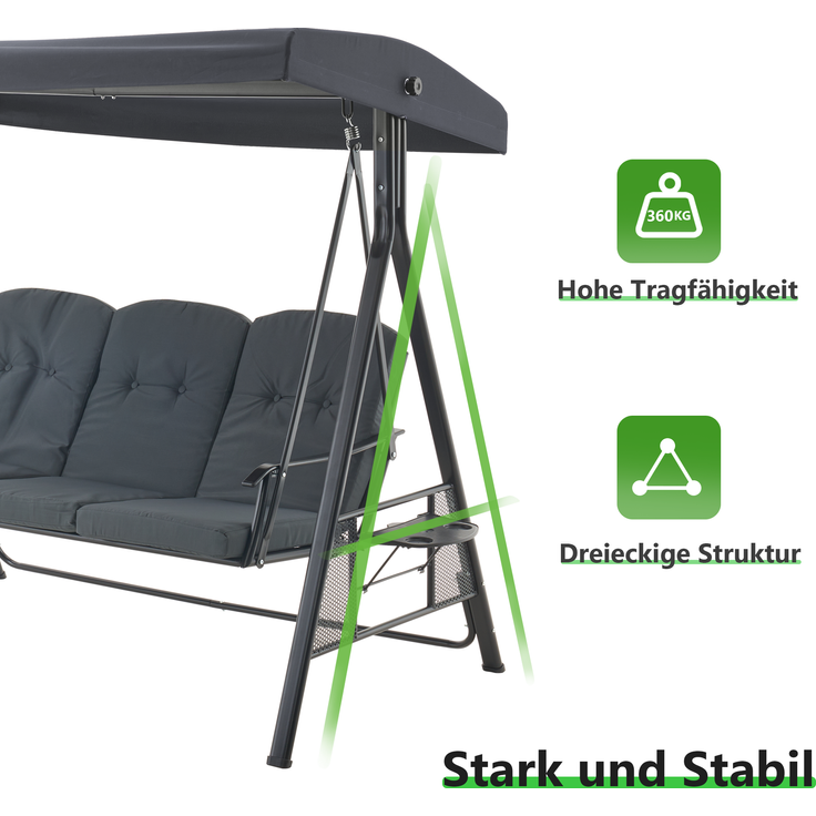 MCombo 3-Sitzer Hollywoodschaukel, Gartenliege wetterfest, Gartenschaukel outdoor, Schaukelbank mit Sonnendach, Dunkgelgrau, 4092 – Bild 3