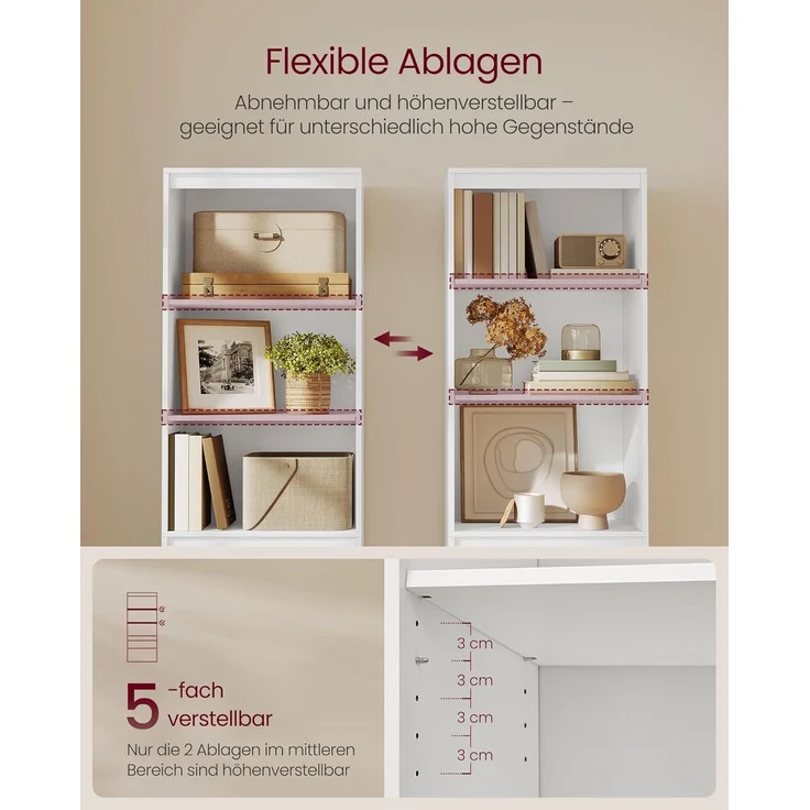 VASAGLE Bücherregal, Hochschrank, 3 unterschiedlich große Schubladen, verstellbare Ablagen, 180 cm hoch, für Wohnzimmer Schlafzimmer Arbeitszimmer, modern, platzsparend, schneeweiß LBC188W01 – Bild 4