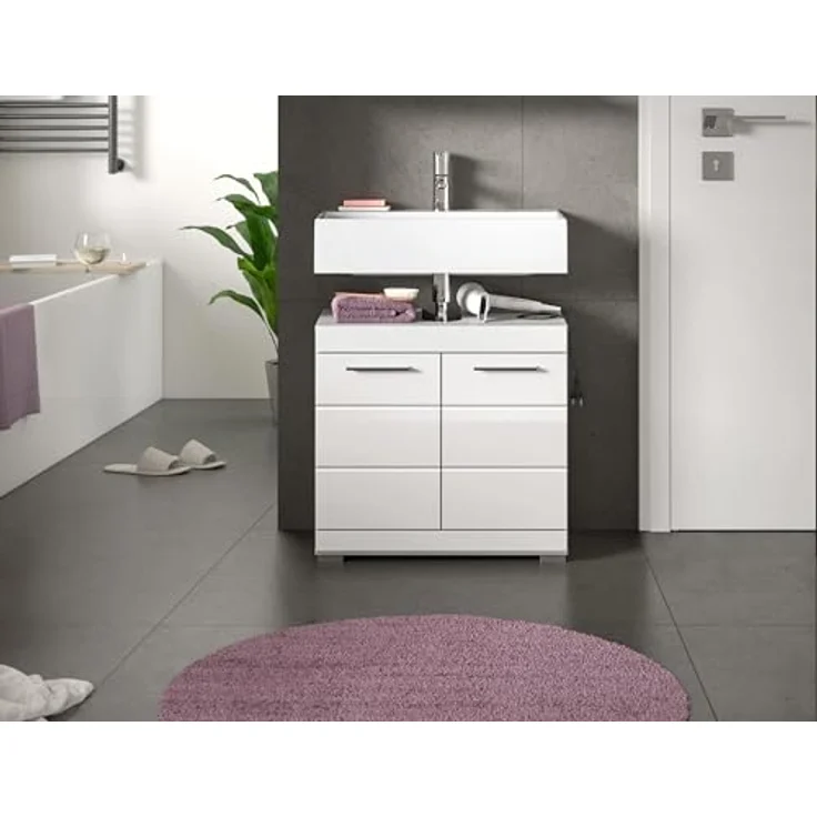 Xonox Scout Waschbeckenunterschrank (B/H/T: 60x56x34 cm) in weiß Nachbildung und weiß Hochglanz tiefzieh – Bild 4
