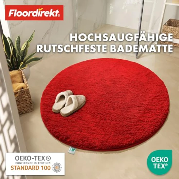 Floordirekt Badematte Sky, Hochflor Badezimmerteppich mit 30 mm Flor, rutschhemmend & schnell trocknend, geeignet für Fußbodenheizung, rund (Ø 95 cm, Beerenrot) – Bild 4