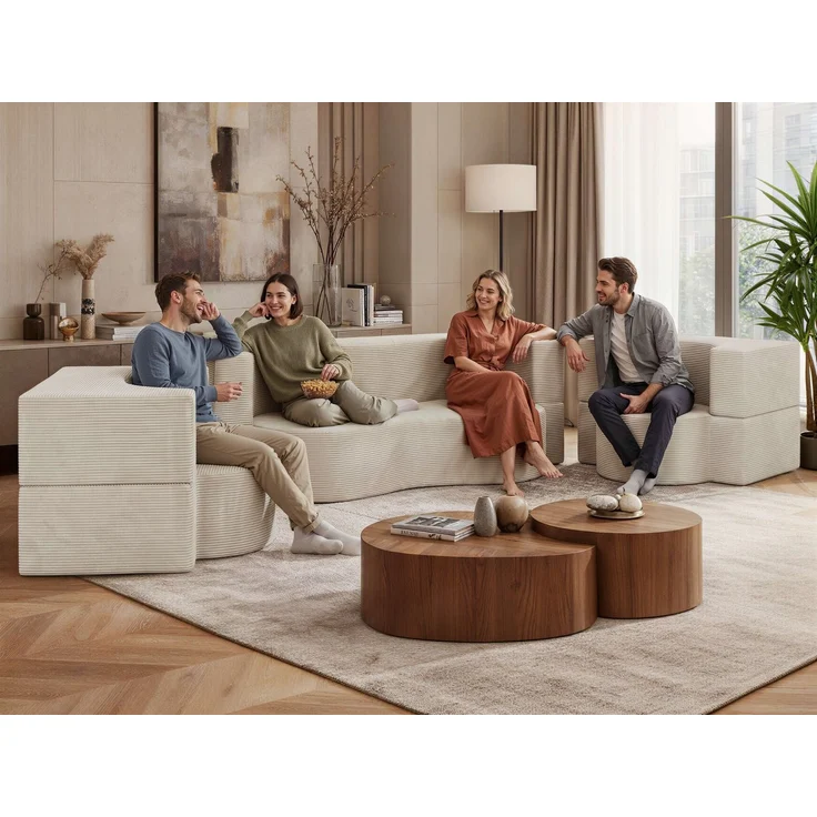 Polstermöbel-Set SANOA, Sofa mit 2 Sesseln, Schlaffunktion, Ausklappbares Sofa, 3-teiliges, Schaumstoffkern - Beige Cord – Bild 3