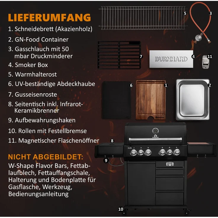 BURNHARD® 4-Brenner Gasgrill Edelstahl inkl. Heckbrenner, mit Gusseisen Grillrost & inkl. stabiler Abdeckhaube, Seitenkochfeld mit Infrarot Keramikbrenner, Schwarz - Big EARL - Schwarz - #946399 – Bild 6