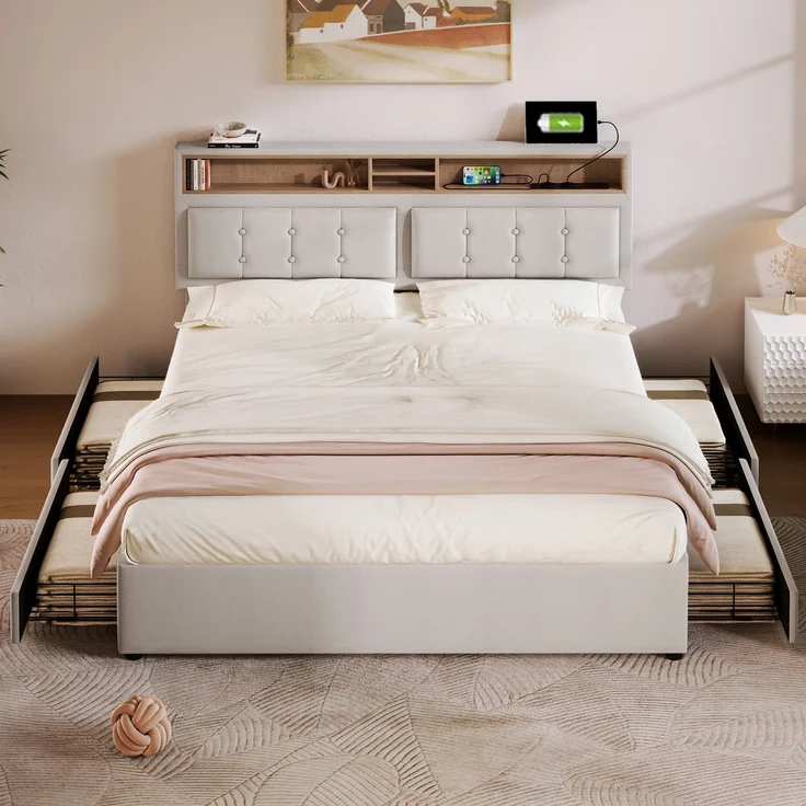 Polsterbett 140×200 cm mit verstellbarem Kopfteil,USB & Steckdosen,4 Schubladen,Leinenstoff beige,inklusive Matratze – Bild 3