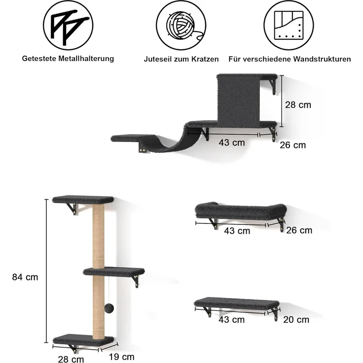 FUKUMARU Kletterwand Katzen Set, 10-teilig Katzen Kletterwand Set, aus robuster Multiplexplatte，Hängematte Katze mit Katzenhaus, Katzenbrücke, Katzenbaum, Katzentreppe bis zu 18 kg, Grau – Bild 6