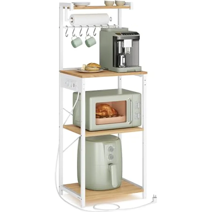 VASAGLE Küchenregal mit Steckdosen, Standregal, Kaffeebar mit 4 Ebenen und 8 S-Haken, Mikrowellen-Regal, verstellbare Ablage, 40 x 45 x 140 cm, goldeichenfarben-wolkenweiß KKS013YA02 – Bild 2
