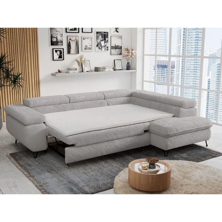 Ecksofa mit Bettfunktion, Modern Sofa, L-form, Einstellbare Kopfstützen, Bettkasten - PETER - Hellgrau Plüsch - Topper T25 - rechts – Bild 5