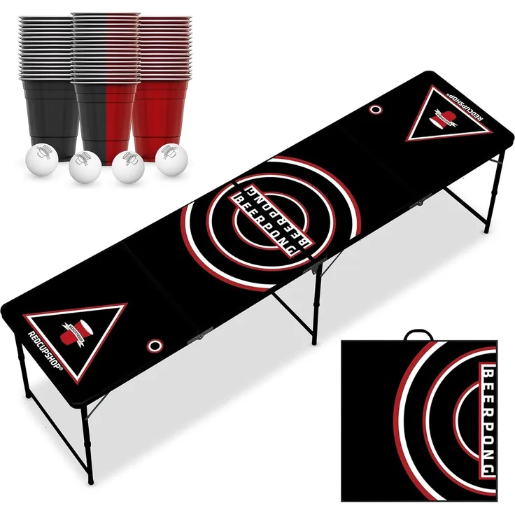 RedCupShop® Bierpong Tisch Set, inkl. 25 Bechern und 4 Bällen, klappbar, tragbar, wasserabweisend & kratzfest, Aluminium / MDF, 240 x 60 x 70 cm