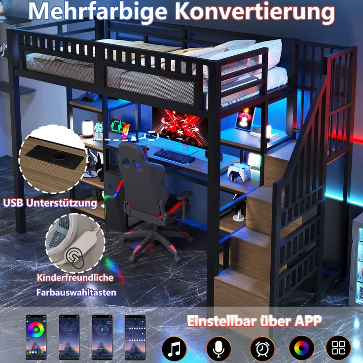 EINHOM Hochbett, 90 x 200 cm, Eisenrahmen, Ablagefach, Leiter mit Stauraum, Schreibtisch, LED-Lichtleiste, USB-Anschluss Inklusive, Schwarz (Ohne Matratze) – Bild 4