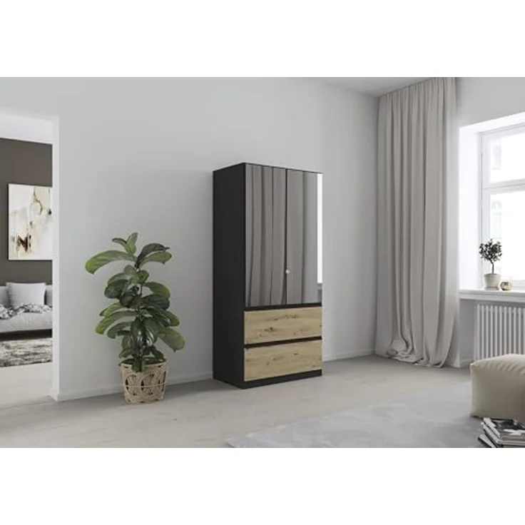 Rauch Möbel Costa, Kleiderschrank für Schlafzimmer, Kinderzimmer, Babyzimmer, Garderobe, 2-türig, Spiegel, 2 Schubladen, Push-to-Open, Zubehör Classic, Farbe Grau metallic, Schwarz, Breite 91 cm – Bild 4