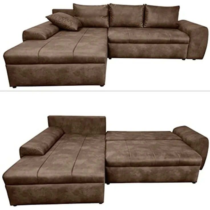 Ecksofa Vintage Schlafsofa Eckcouch L-Sofa mit Ottomane und Bettkasten in Braun