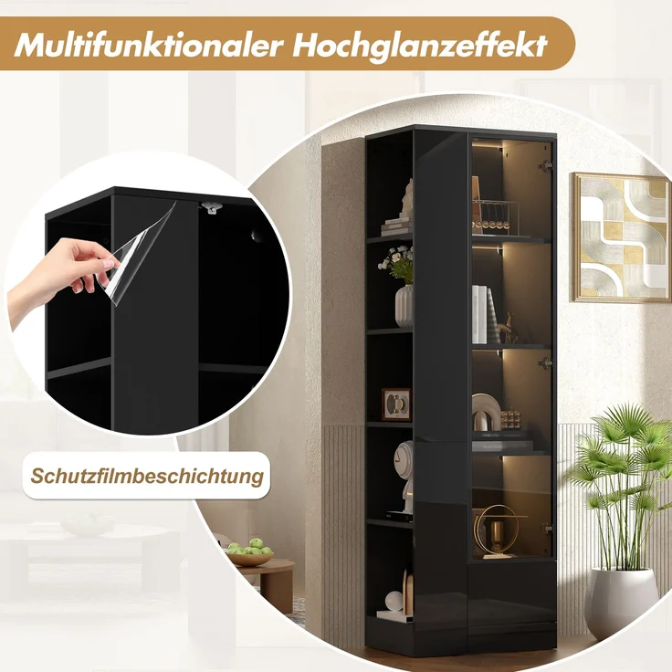Vitrine mit Glastür & LED-Beleuchtung – Hochglanz-Schrank mit Schubladen & offenen Fächern, viel Stauraum für Wohnzimmer & Esszimmer, Schwarz, 50x35x160 cm – Bild 9