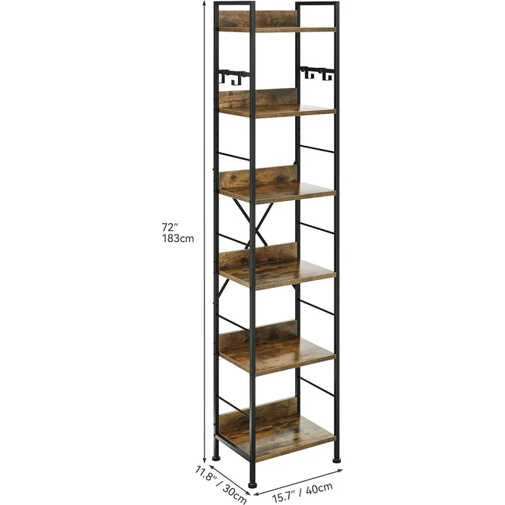 YITAHOME Bücherregal mit 6 Ebenen, bodenstehendes Bücherregal mit 4 Haken, Holzregal und Metallrahmen, Bücherregal, industrielles Hochregal, Aufbewahrung für Wohnzimmer, Heimbüro, Vintagebraun – Bild 2