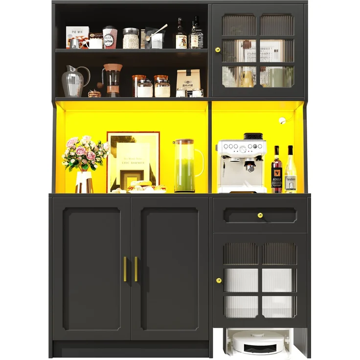 Küchenschrank, hoher Küchenschrank Sideboard Küchenschrank mit Glastüren und LED-Beleuchtung, MDF/Glas, Schwarz, 130 x 45 x 180 cm – Bild 7