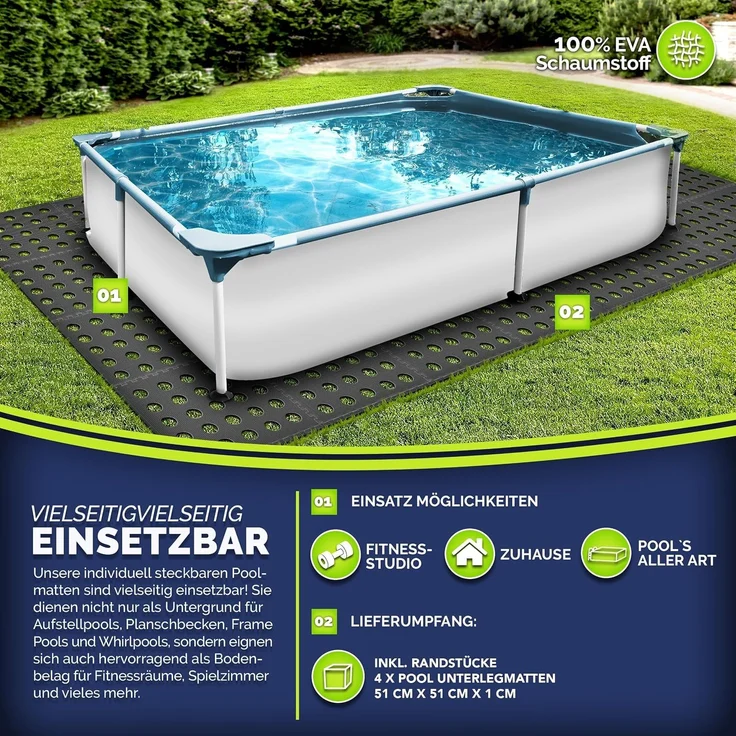 tillvex® Pool Bodenschutzmatte mit Löchern 4 Stück Schwarz | Unterlegmatte für Pool & Planschbecken 51x51 cm | Poolmatte Bodenmatte Outdoor | Poolunterlage Bodenschutz Matten wärmeisolierend | Whirlpool Bodenfolie weich – Bild 7