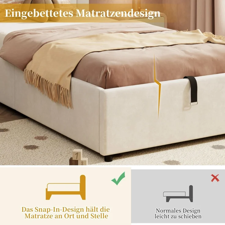 Kinderbett mit Stauraum und Kopfteil, 90x200 cm, Polsterbett mit Lattenrost, Einzelbett, Samt – Bild 4