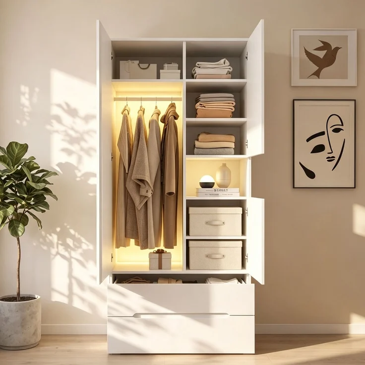Rayofly-Kleiderschrank mit LED-Licht, 3 Türen, 1 Kleiderstange, 2 Schubladen, 6 Ablagefächer, Weiß, H 200cm x T 90cm x B 50cm – Bild 3