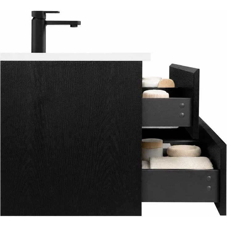 Badplaats Badmöbel Set mit Waschbecken und Unterschrank Angela 160 x 48 cm Schwarz Holz - Waschbeckenunterschrank mit Soft-Close und Doppelwaschbecken, Vorgemontiert – Bild 3