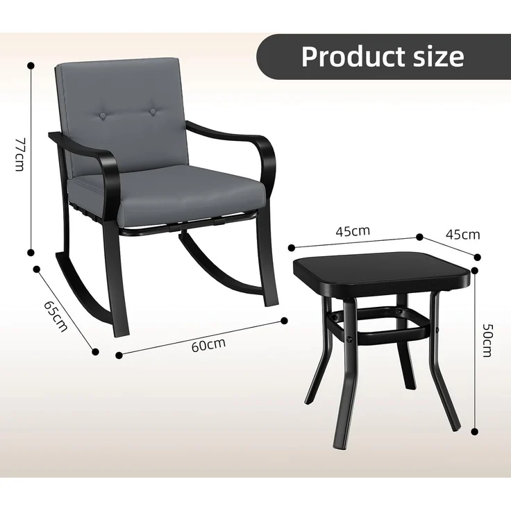 GarveeHome 3-teiliges Bistro-Set für den Außenbereich – 2 Schaukelstühle mit warmgrauen Kissen & Glastisch, Gartenmöbel-Set für Garten, Terrasse, Pool und Balkon (Grau) – Bild 2