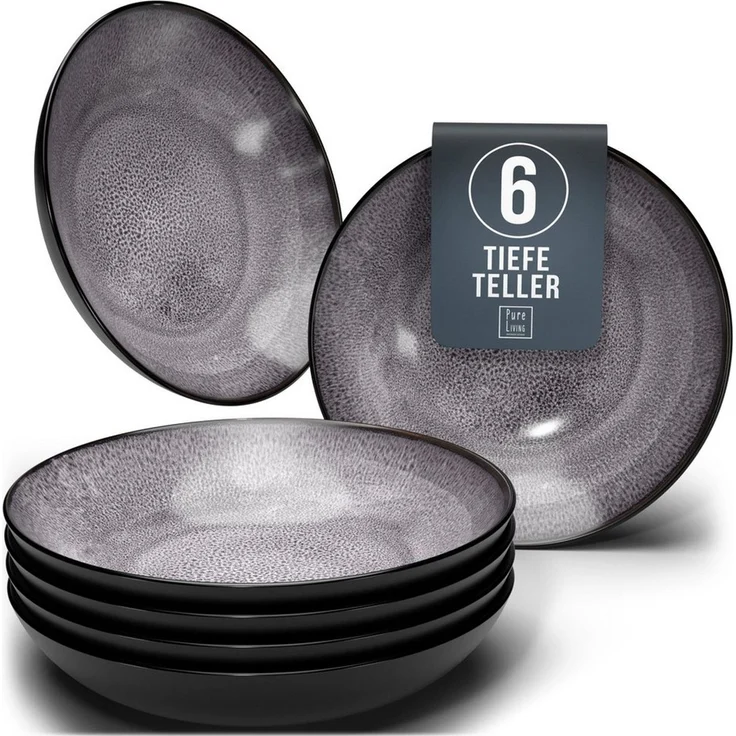 Steingut Suppenteller 6 Pers. Ibiza Hochwertiges Mediterranes TEST SEHR GUT Steingut Tiefe Teller Set - Kratzfest, Für Spülmaschine, Mikrowelle - Pasta Teller Tief Groß - Pure Living Geschirr in Grau – Bild 1