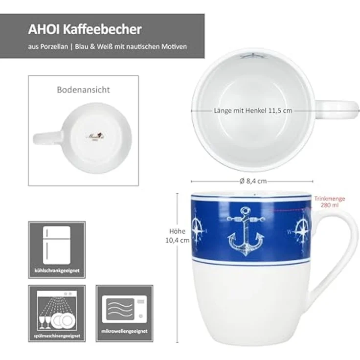 MamboCat Becher Ahoi 6x Kaffeebecher 280ml Porzellan-Tassen 6 Pers Tee Kakao nautisch, Porzellan – Bild 6