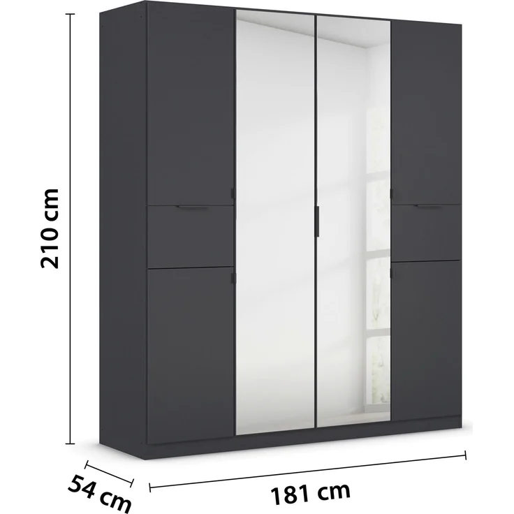 rauch Kleiderschrank, Drehtürenschrank TICAO, 6-türig, 2 Spiegeltüren, 2 Schubkästen, inkl. Türdämpferset, Grau metallic, 181 x 210 x 54 cm – Bild 4
