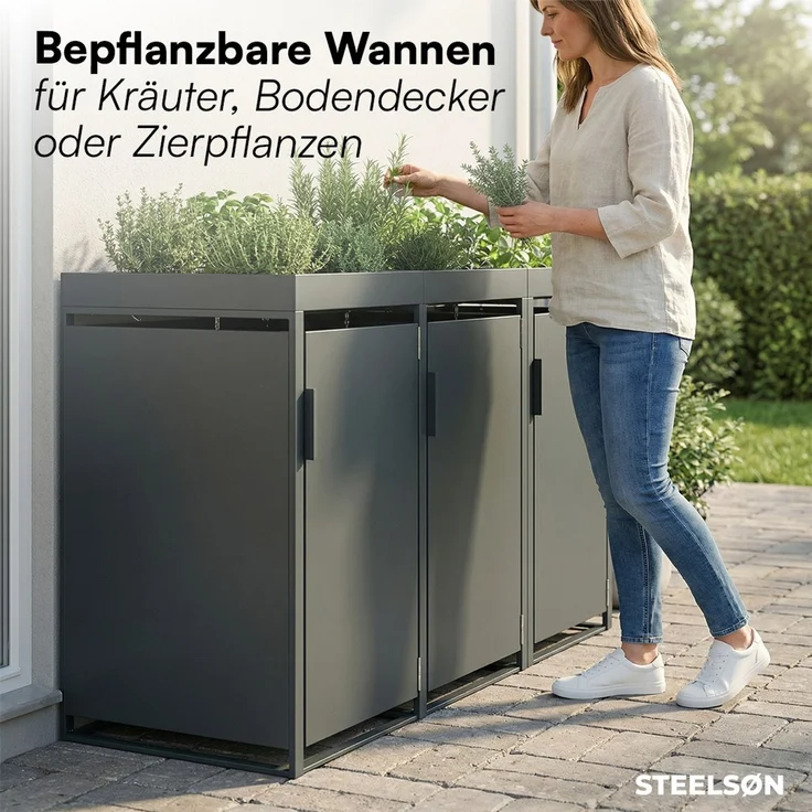 STEELSØN 'Thoria' Mülltonnenbox 3er je 240 Liter, anthrazit, Mülltonnenverkleidung aus Stahl, wetterfest, 125x80x203 cm, Müllbox mit Pflanzendach für 3 Tonnen – Bild 5