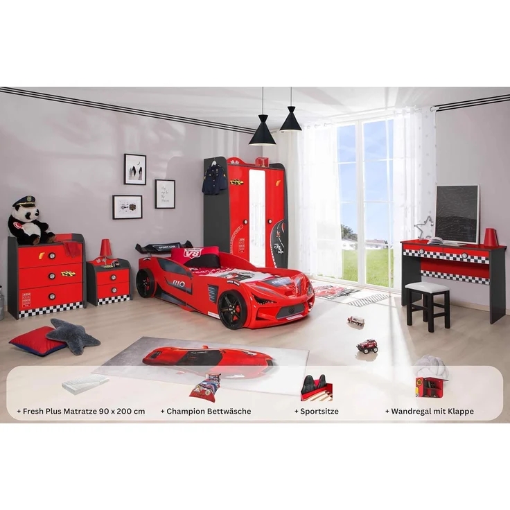 Kinderzimmer komplett Set Autobett Rio 5 teilig Rot – Bild 2