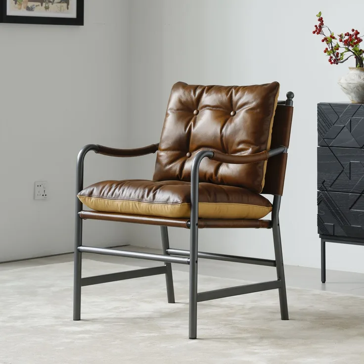 Leder Akzent Stuhl, Mid Century Modern Armstuhl mit schwarzem Metallrahmen, Single Sofa Stuhl für Wohnzimmer Schlafzimmer