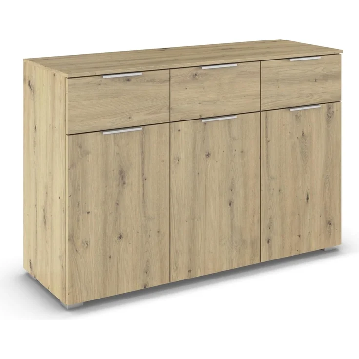 Rauch Möbel Alabama, Kommode für Schlafzimmer, Kinderzimmer, Garderobe, Flur, 3-türig, mit 3 Schubladen, Soft-Close-Fuktion, Farbe Eiche Artisan, Holz, Griff Alufarben, Maße 120x81x42cm