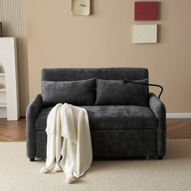 Ausziehbares Schlafsofa 2-Sitzer mit USB-Anschluss & verstellbarer Rückenlehne mit Kissen und Stauraumtaschen,multifunktionales,Grau – Bild 5