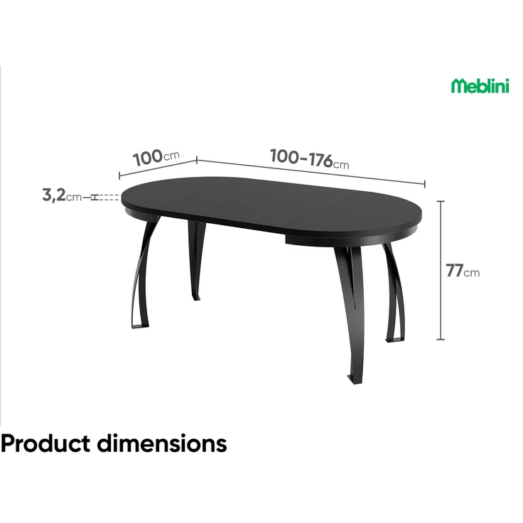 MEBLINI Esstisch Rund Ausziehbar aus Metall - 100-176x77cm - LUNGA - Schwarz Matt - Loft - Esszimmertisch Modern - Küchentisch - Ausziehtisch - Round Dining Table - Esszimmertische – Bild 7