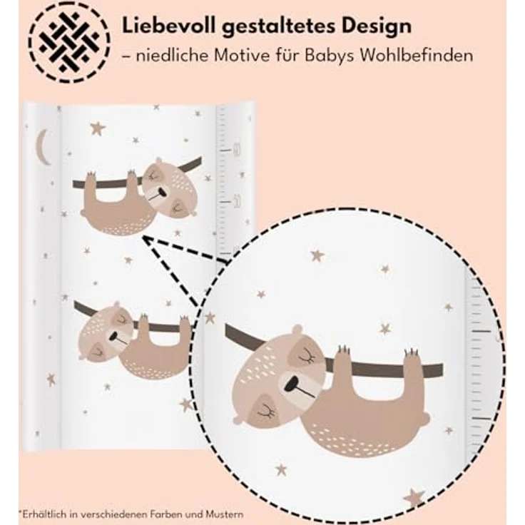 Wickelauflage 70x47 cm, Weiß mit Faultieren – abwaschbar & weich, profilierte Ränder für mehr Sicherheit – Wickeltischauflage für Wickelkommode – Baby Wickelunterlage mit Komfortfüllung – Bild 3
