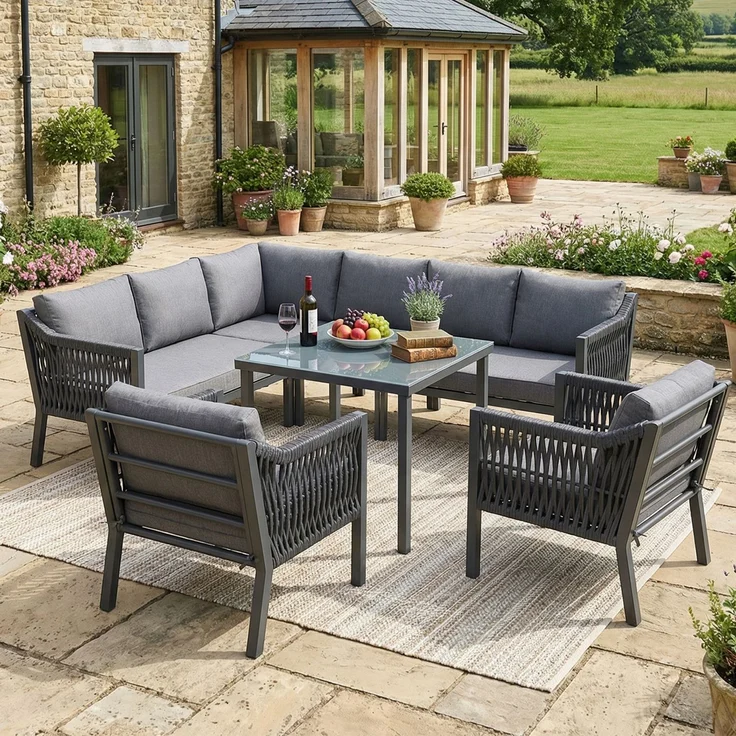 Merax Gartenmöbel-Set für 8 Personen, Gartenlounge-Set, bestehend aus einem Esstisch, zwei Sesseln und einem Ecksofa, Grau – Bild 2