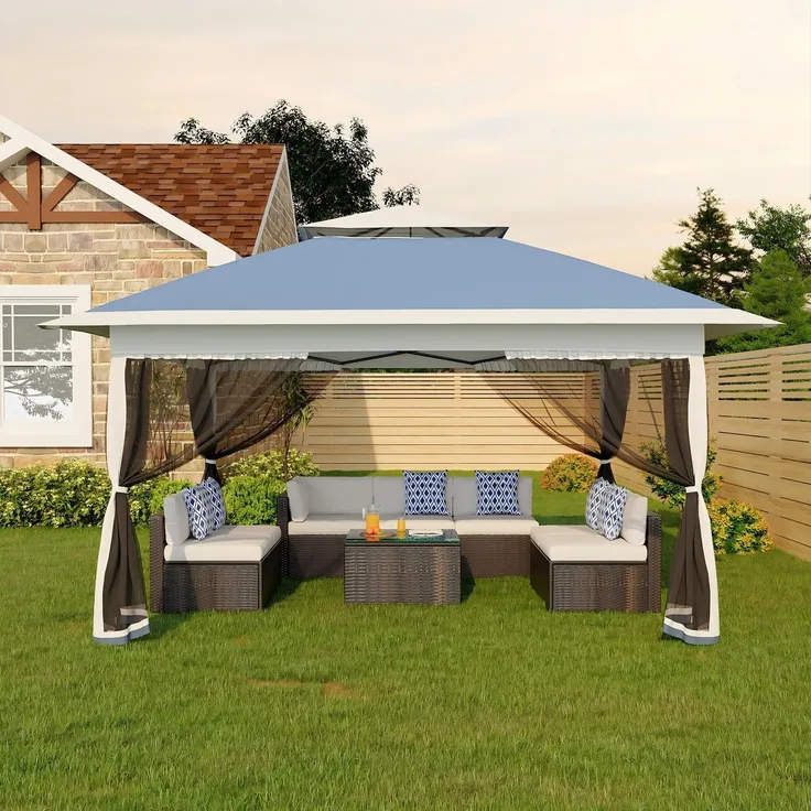 Faltpavillon Moskitonetz 3x3 m mit 4 Moskitonetz Seitenteilen – Pop Up Pavillon wasserdicht & stabil, UV-Schutz 50+, höhenverstellbar, Doppeldach Pavillion für Patio & Familie Marineblau + Grau