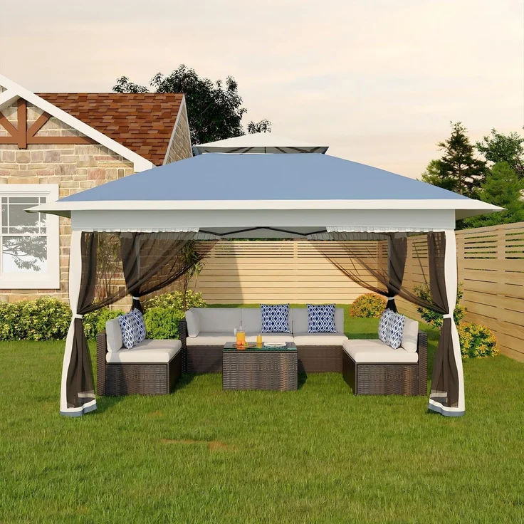 Faltpavillon Moskitonetz 3x3 m mit 4 Moskitonetz Seitenteilen – Pop Up Pavillon wasserdicht & stabil, UV-Schutz 50+, höhenverstellbar, Doppeldach Pavillion für Patio & Familie Marineblau + Grau