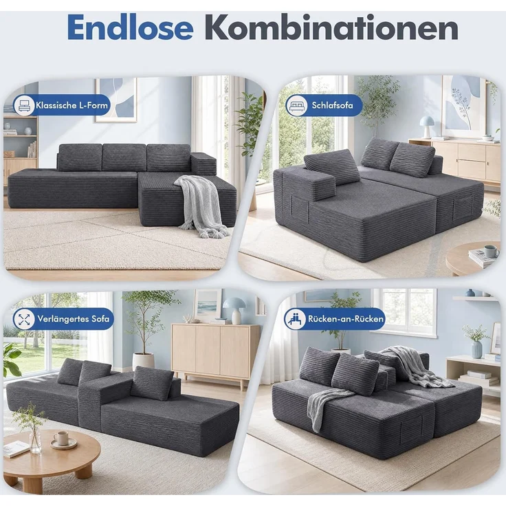 COMHOMA Ecksofa mit Schlaffunktion, 255cm Corduroy Modulares Boneless Couch mit Chaiselongue & Rücken-Metallgestell, L-Form Schlafsofa mit offenem Design, Kissen & Seitentaschen,für Wohnzimmer, Gris-L – Bild 3