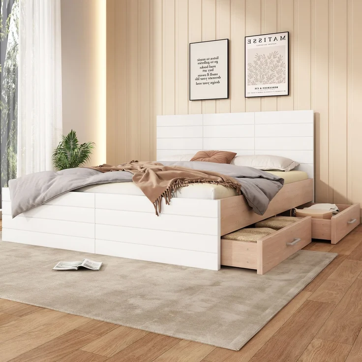 Doppelbett 140x200 cm Weiß Eiche, Bettgestell mit 2 Schubladen, Massivholzrahmen, Stauraumbett mit Lattenrost,inklusive Matratze – Bild 4