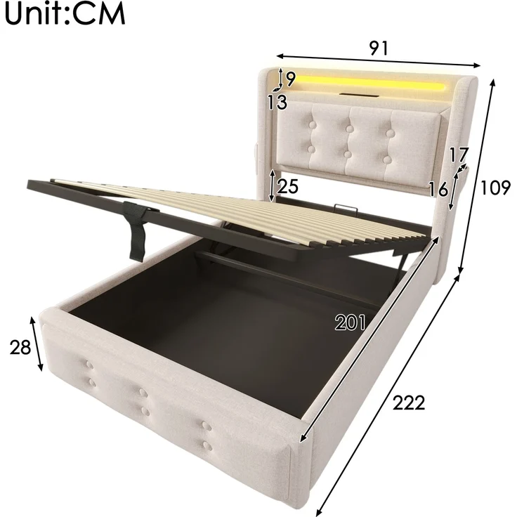Einzelbett 90x200 cm mit Kopfteil, LED-Beleuchtung, USB Type-C Steckdose, Stauraum & Baumwoll-Leinenbezug,Beige – Bild 10