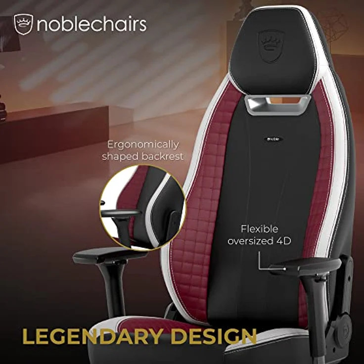 noblechairs LEGEND Gaming Stuhl, ergonomischer Bürostuhl mit PU-Kunstlederbezug in Schwarz/Weißen/Roten Farbkombinationen, bis 150 kg belastbar, Kaltschaumpolsterung, 60-mm-Rollen für alle Bodenarten – Bild 3