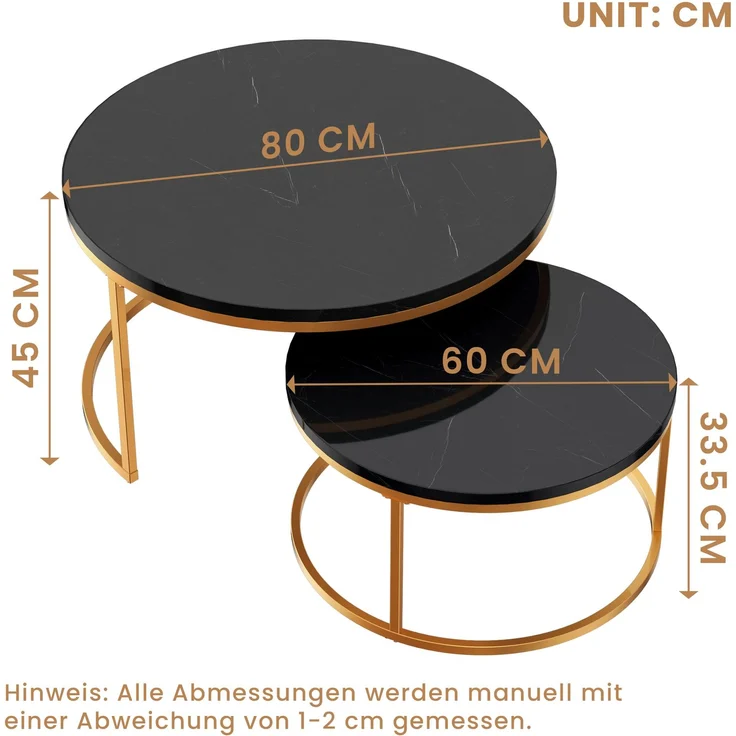 2er-Set runder Couchtisch aus MDF mit Metallrahmen & Nestfunktion, Ø80 cm + Ø60 cm, Schwarz – Bild 10