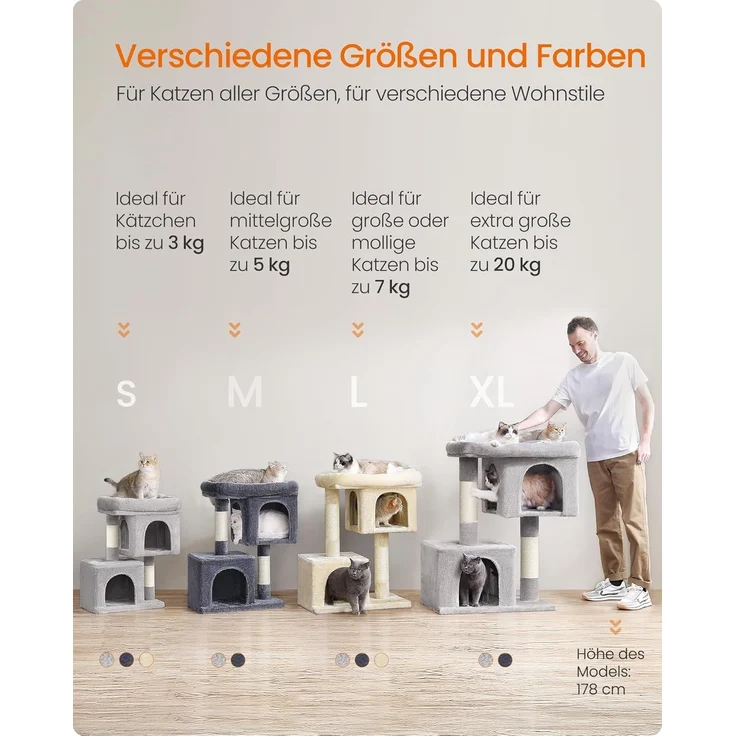 Feandrea Kratzbaum, 84 cm Katzenbaum, L, Katzenhaus für große Katzen bis zu 7 kg, große Plattform, 2 Katzenhöhlen, Sisalstämme, rauchgrau PCT61G – Bild 6