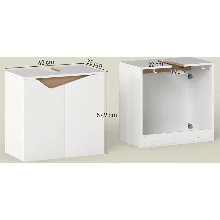 Mobiler Waschtischunterschrank mit 2 gedämpften Türen für Waschbecken ohne Sockel, 60 x 35 x 57,9 cm, Weiß – Bild 5